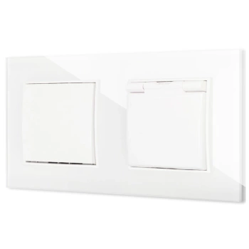 Włącznik pojedynczy z gniazdem hermetycznym z ramką kwadratową efekt szkła seria ICON kolor biały