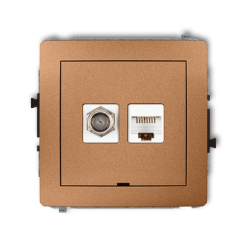 Mechanizm gniazda antenowego poj. typu F SAT + gniazda komp. poj. 1xRJ45, kat. 5e, 8-stykowy, bez pola opisowego Karlik seria DECO 8DGFKBO-1 kolor złoty metalik