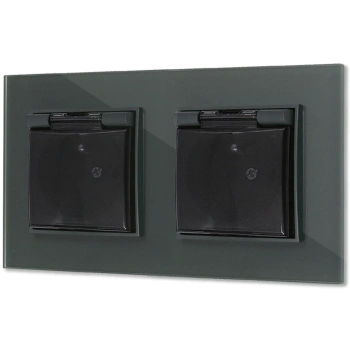 Dwa gniazda hermetyczne do łazienki z ramką kwadratową efekt szkła seria ICON kolor grafitowy mat