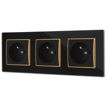 Trzy gniazda pojedyncze z ramką kwadratową efekt szkła seria ICON kolor czarny/złoty