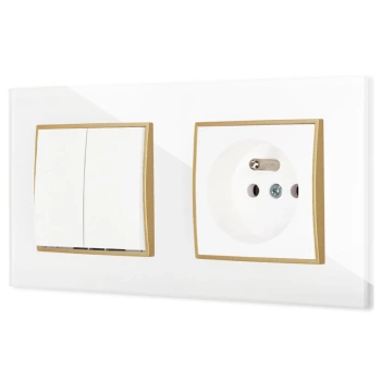 Włącznik podwójny z gniazdem pojedynczym z ramką kwadratową efekt szkła seria ICON kolor biały/złoty