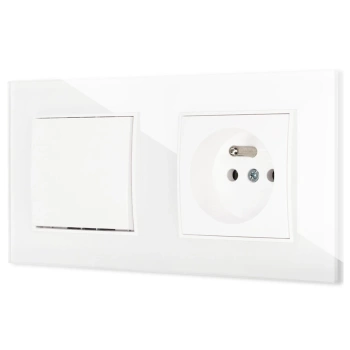 Włącznik pojedynczy z gniazdem pojedynczym z ramką kwadratową efekt szkła seria ICON kolor biały