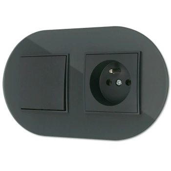 Włącznik pojedynczy z gniazdem pojedynczym z ramką okrągłą efekt szkła seria ICON kolor grafitowy mat