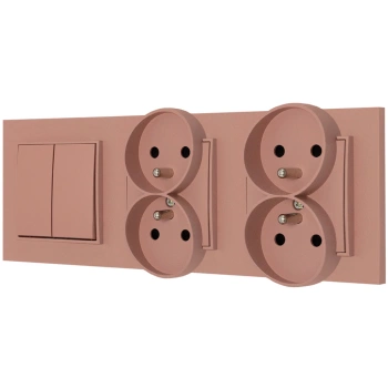 Włącznik podwójny i dwa gniazda podwójne z ramką kwadratową seria MINI kolor łososiowy