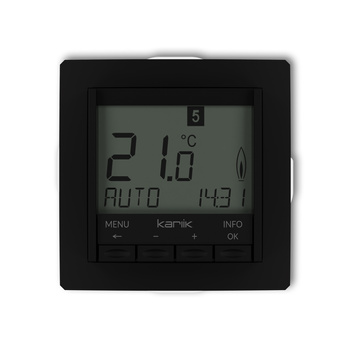 Mechanizm uniwersalnego elektronicznego tygodniowego regulatora temperatury podświetlenie niebieskie Karlik seria DECO 12DRT-3.2 kolor czarny mat