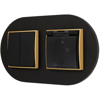 Włącznik podwójny z gniazdem hermetycznym z ramką okrągłą seria MINI kolor czarny złoty