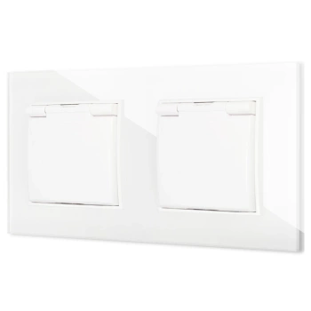 Dwa gniazda hermetyczne do łazienki z ramką kwadratową efekt szkła seria ICON kolor biały