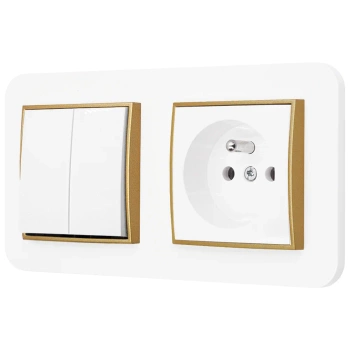 Włącznik podwójny z gniazdem pojedynczym z ramką zaokrągloną seria MINI kolor biały złoty