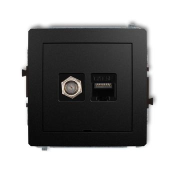 Mechanizm gniazda antenowego poj. typu F SAT + gniazda komp. poj. 1xRJ45, kat. 5e, 8-stykowy, bez pola opisowego Karlik seria DECO 12DGFKBO-1 kolor czarny mat