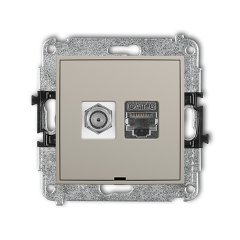 Mechanizm gniazda antenowego poj. typu F SAT + gniazda komp. poj. 1xRJ45, kat. 6 ekranowany, 8-stykowy, bez pola opisowego Karlik seria MINI 60MGFKBO-5 kolor taupe