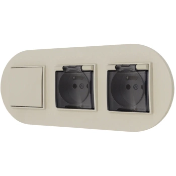 Włącznik pojedynczy i dwa gniazda hermetyczne z ramką okrągłą seria MINI kolor taupe