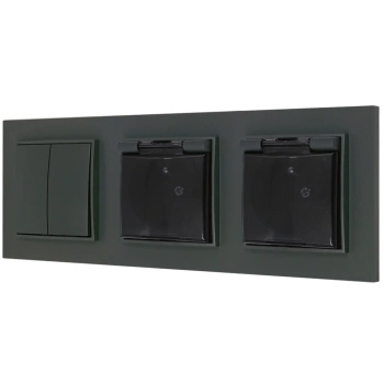 Włącznik podwójny i dwa gniazda hermetyczne z ramką prostą seria MINI kolor grafitowy mat
