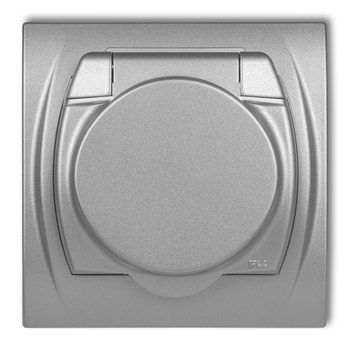 Gniazdo bryzgoszczelne z uziemieniem 2P+Z klapka srebrny metalik, bez przesłon torów prądowych Karlik seria LOGO 7LGPB-1z kolor srebrny metalik