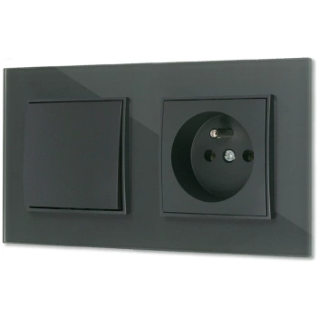 Włącznik pojedynczy z gniazdem pojedynczym z ramką kwadratową efekt szkła seria ICON kolor grafitowy mat