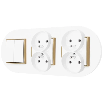 Włącznik podwójny i dwa gniazda podwójne z ramką okrągłą seria MINI kolor biały złoty