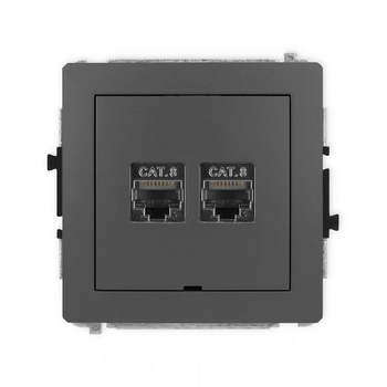 Mechanizm gniazda komputerowego podwójnego 2xRJ45, kat. 8, ekranowany, 8-stykowy, bez pola opisowego Karlik seria DECO 28DGKBO-12 kolor grafitowy mat