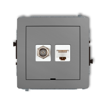 Mechanizm gniazda antenowego poj. typu F SAT + gniazda komp. poj. 1xRJ45, kat. 5e, 8-stykowy, bez pola opisowego Karlik seria DECO 27DGFKBO-1 kolor szary mat