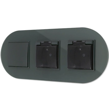 Włącznik pojedynczy i dwa gniazda hermetyczne z ramką okrągłą efekt szkła seria ICON kolor grafitowy mat