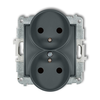 Mechanizm gniazda podwójnego do ramki z uziemieniem 2x2P+Z z przesłonami torów Karlik seria ICON 28IGPR-2zp kolor grafitowy mat