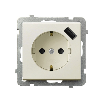 Gniazdo pojedyncze z uziemieniem schuko z przesłonami torów prądowych, z ładowarką USB seria SONATA kolor Ecru symbol GP-1RSPUSB/m/27