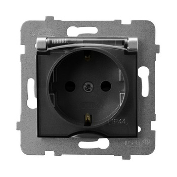 Gniazdo bryzgoszczelne z uziemieniem schuko IP-44 wieczko przezroczyste seria ARIA kolor Srebro symbol GPH-1US/m/18/d