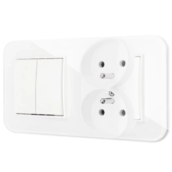 Włącznik podwójny z gniazdem podwójnym z ramką zaokrągloną efekt szkła seria ICON kolor biały
