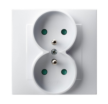 Gniazdo podwójne z uziemieniem z przesłonami torów prądowych, kompletne z ramką seria SZAFIR kolor Biały symbol GP-2ZZP/00