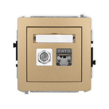 Mechanizm gniazda antenowego poj. typu F SAT + gniazda komp. poj. 1xRJ45, kat. 6 ekranowany, 8-stykowy Karlik seria DECO 8DGFK-5 kolor złoty metalik