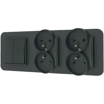 Włącznik podwójny i dwa gniazda podwójne z ramką zaokrągloną seria MINI kolor grafitowy mat