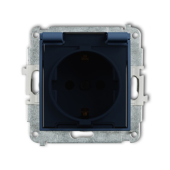 Mechanizm gniazda bryzgoszczelnego z uziemieniem SCHUKO 2P+Z klapka dymna, przesłony torów prądowych Karlik seria MINI 64MGPB-1sdp kolor navy blue