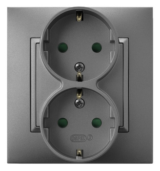 Gniazdo podwójne z uziemieniem schuko z przesłonami torów prądowych, kompletne z ramką seria ARIA kolor Szary mat symbol GP-2USP/70