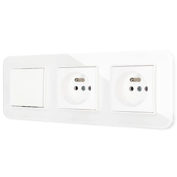 Włącznik pojedynczy i dwa gniazda pojedyncze z ramką zaokrągloną efekt szkła seria ICON kolor biały