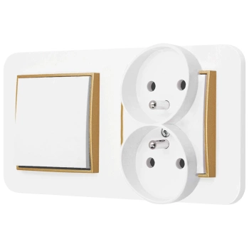 Włącznik pojedynczy z gniazdem podwójnym z ramką zaokrągloną seria MINI kolor biały mat/złoty