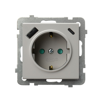 Gniazdo pojedyncze z uziemieniem schuko z przesłonami torów prądowych, z ładowarką USB A+C seria SONATA kolor Kaszmir symbol GP-1RSPUSBAC/m/82