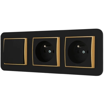 Włącznik pojedynczy i dwa gniazda pojedyncze z ramką zaokrągloną seria MINI kolor czarny złoty