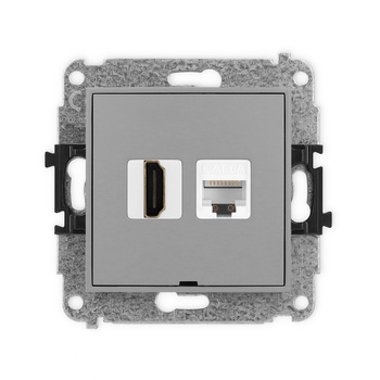 Mechanizm gniazda pojedynczego HDMI 2.1, 8K + gniazda komp. poj. 1xRJ45, kat. 6A, 8-stykowy, bez pola opisowego Karlik seria ICON 27IGHKBO-86A kolor szary mat