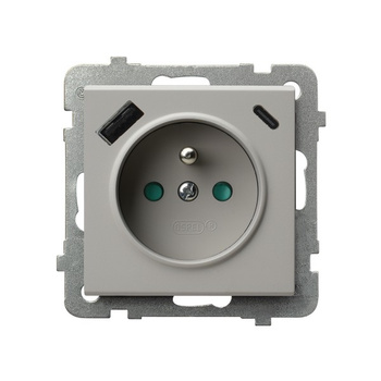 Gniazdo pojedyncze z uziemieniem z przesłonami torów prądowych, z ładowarką USB A+C seria SONATA kolor Kaszmir symbol GP-1RZPUSBAC/m/82