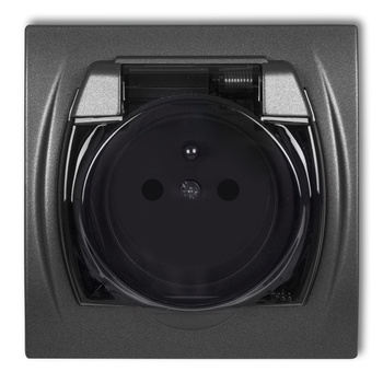 Gniazdo bryzgoszczelne z uziemieniem 2P+Z klapka dymna, przesłony torów prądowych Karlik seria LOGO 11LGPB-1zdp kolor grafitowy