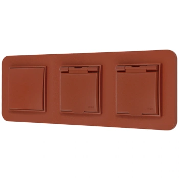 Włącznik pojedynczy i dwa gniazda hermetyczne z ramką zaokrągloną seria MINI kolor terakota