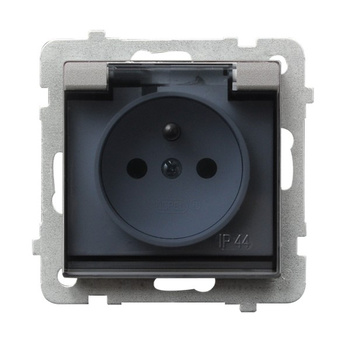 Gniazdo bryzgoszczelne z uziemieniem IP-44 wieczko przezroczyste seria SONATA kolor Srebro mat symbol GPH-1RZ/m/38/d