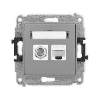 Mechanizm gniazda antenowego poj. typu F SAT + gniazda komp. poj. 1xRJ45, kat. 6, 8-stykowy Karlik seria MINI 27MGFK-3 kolor szary mat