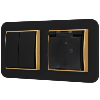Włącznik podwójny z gniazdem hermetycznym z ramką zaokrągloną seria MINI kolor czarny złoty