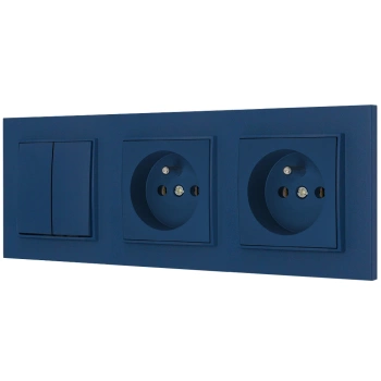 Włącznik podwójny i dwa gniazda pojedyncze z ramką kwadratową seria MINI kolor navy blue