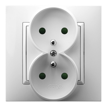 Gniazdo podwójne z uziemieniem z przesłonami torów prądowych, kompletne z ramką seria ARIA kolor Biały symbol GP-2UZP/00