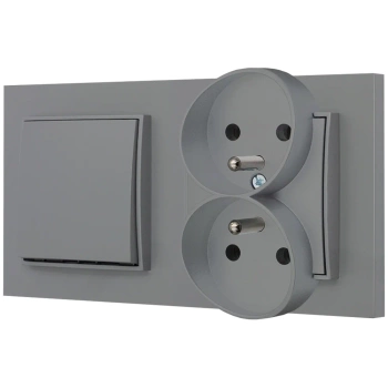 Włącznik pojedynczy z gniazdem podwójnym z ramką prostą seria MINI kolor szary mat