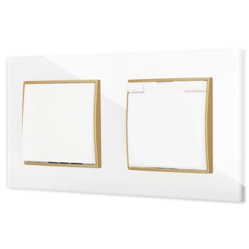 Włącznik pojedynczy z gniazdem hermetycznym z ramką kwadratową efekt szkła seria ICON kolor biały/złoty