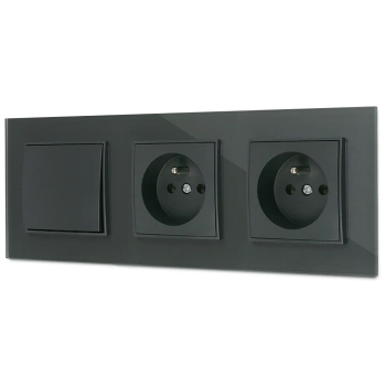 Włącznik pojedynczy i dwa gniazda pojedyncze z ramką kwadratową efekt szkła seria ICON kolor grafitowy mat