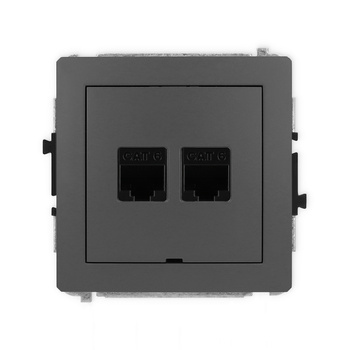 Mechanizm gniazda komputerowego podwójnego 2xRJ45, kat. 6, 8-stykowy, bez pola opisowego Karlik seria DECO 28DGKBO-4 kolor grafitowy mat