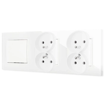 Włącznik pojedynczy i dwa gniazda podwójne z ramką kwadratową efekt szkła seria ICON kolor biały