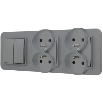 Włącznik podwójny i dwa gniazda podwójne z ramką zaokrągloną seria MINI kolor szary mat
